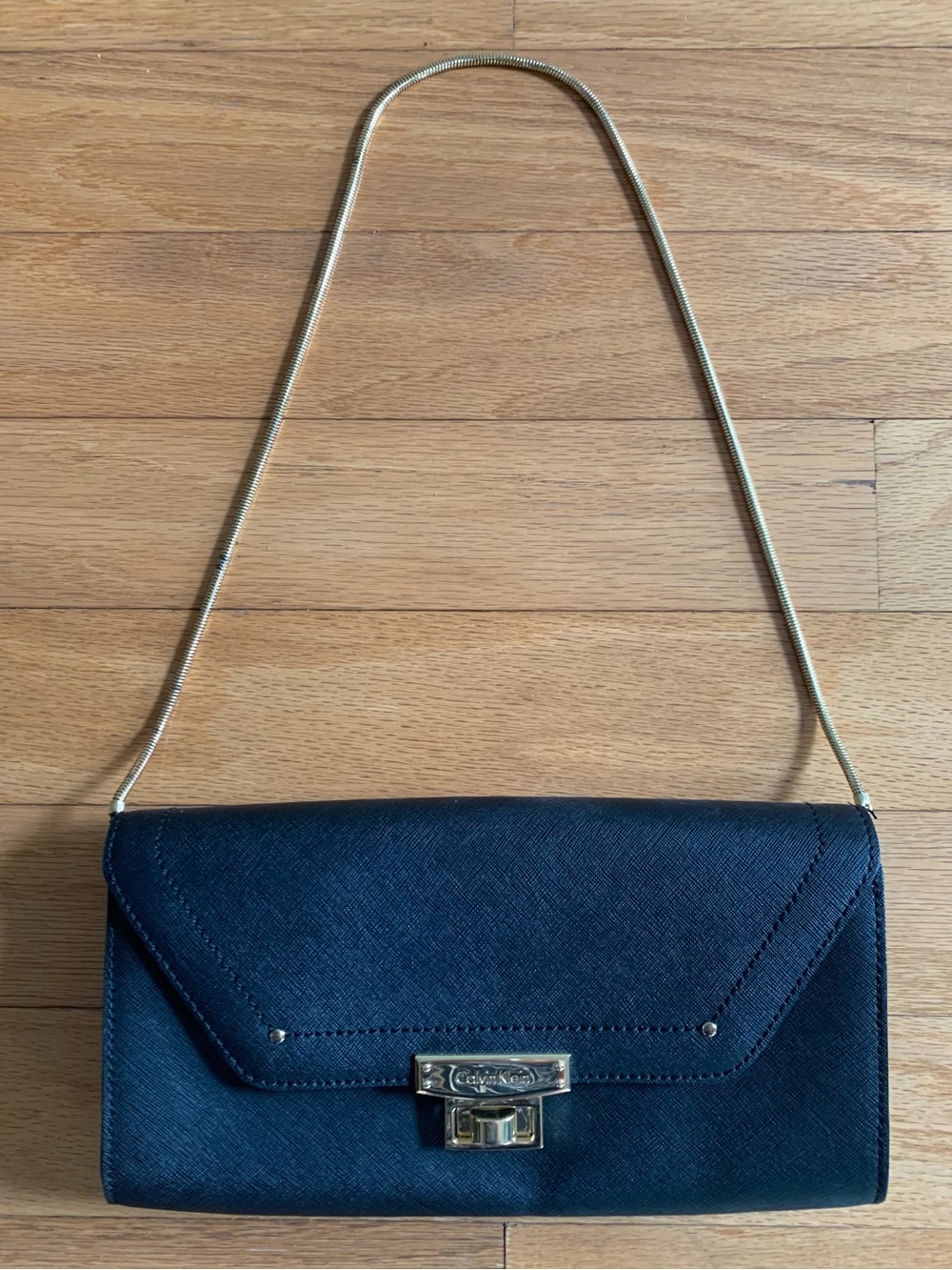 Calvin Klein Navy Saffiano Leather Clutch with Gold Chain